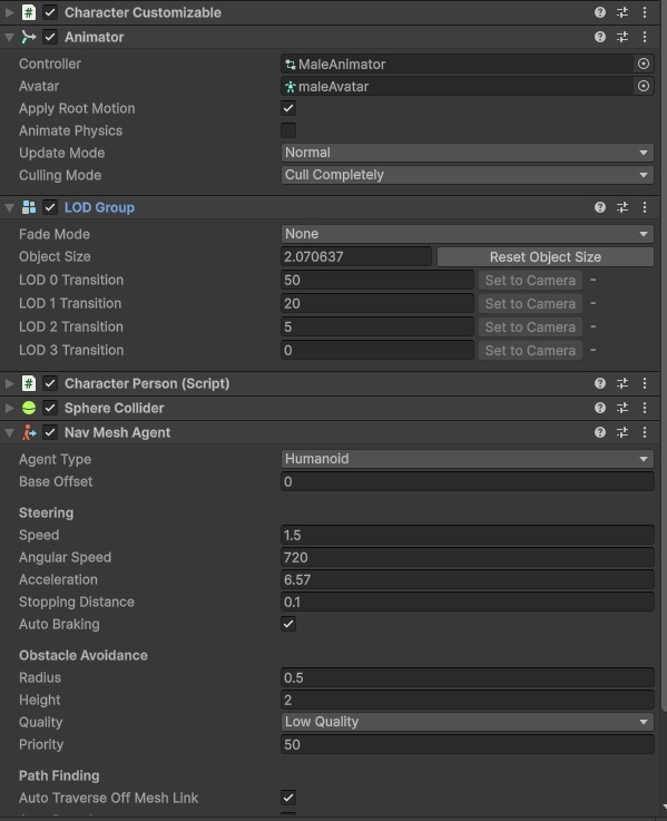Unity LODGroup inspector showing LOD 3 transition set to 0% with no culled region below